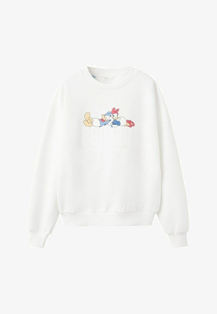 Biela mikina s obrázkom rozprávkových postavičiek Donalda a Daisy Duckových odpočívajúcich nad nápisom "CHILLIN'" vytlačeným na prednej strane.