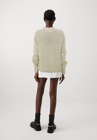 Maglione lavorato a maglia verde chiaro con maniche lunghe, polsini e orlo a costine, indossato con una gonna bianca. Stivali neri alla caviglia con un accento a catena.