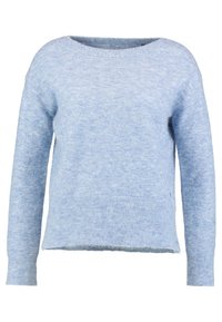 Ljusblå, mjuk stickad tröja med bred rund halsringning, långa ärmar och avslappnad passform. Har en subtil textur och detalj vid fållen.