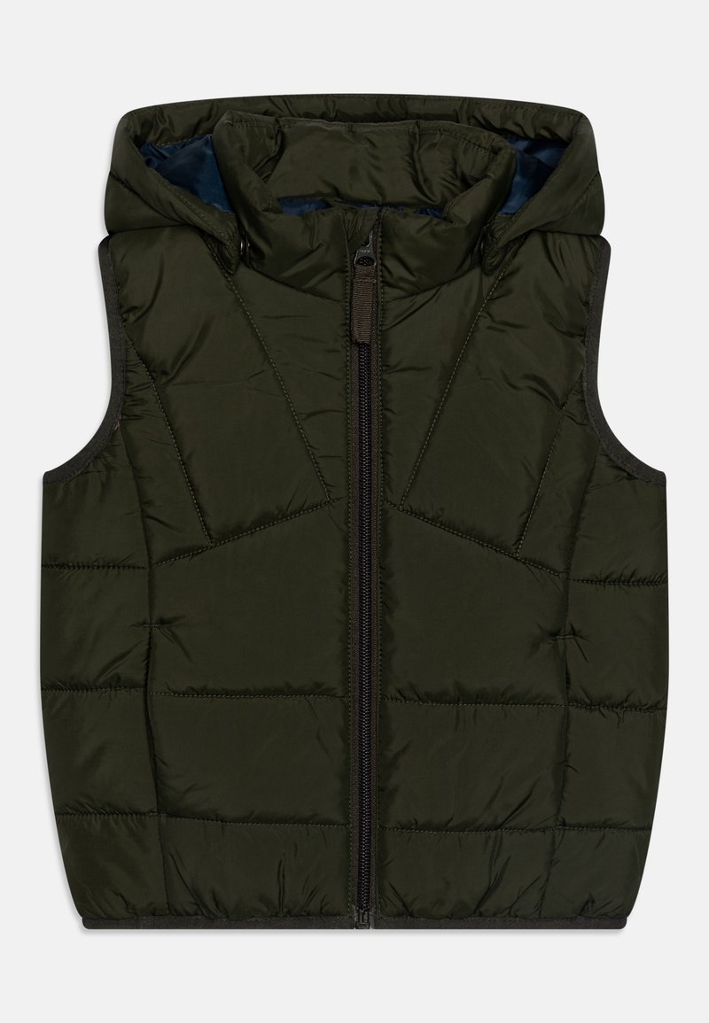 Veste sans manches à capuche de couleur vert foncé avec texture matelassée, fermeture éclair avant et doublure intérieure contrastante. Matériaux doux et design structuré.
