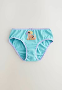 Svetlomodré detské spodné prádlo s fialovým lemom a kresleným psíkom s viacfarebnými škvrnami a mašličkou uprostred prednej časti.