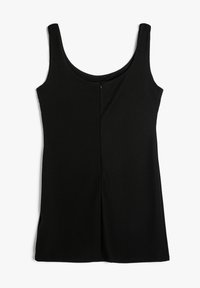 Schwarzes Tanktop mit Rundhalsausschnitt und verstecktem Reißverschluss auf der Rückseite. Aus glattem, elastischem Stoff mit einem schlichten, taillierten Design.