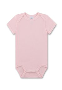 Hellrosa Baby-Body mit kurzen Ärmeln, weicher Textur, rundem Halsausschnitt und Druckknöpfen am unteren Ende für einfaches An- und Ausziehen.