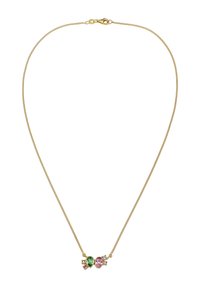 Goldene Halskette mit einer feinen Kette, die drei farbenfrohe ovale Edelsteine zeigt: grün, pink und hellblau, verziert mit dekorativen Akzenten.