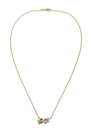 Goldene Halskette mit einer feinen Kette, die drei farbenfrohe ovale Edelsteine zeigt: grün, pink und hellblau, verziert mit dekorativen Akzenten.