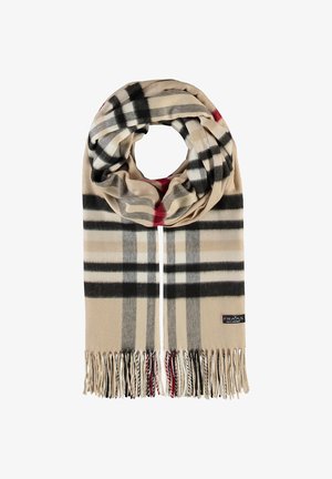 Écharpe en laine à carreaux beige, noir, gris et rouge avec des extrémités frangées, arrangée en boucle avec une étiquette de marque à une extrémité.