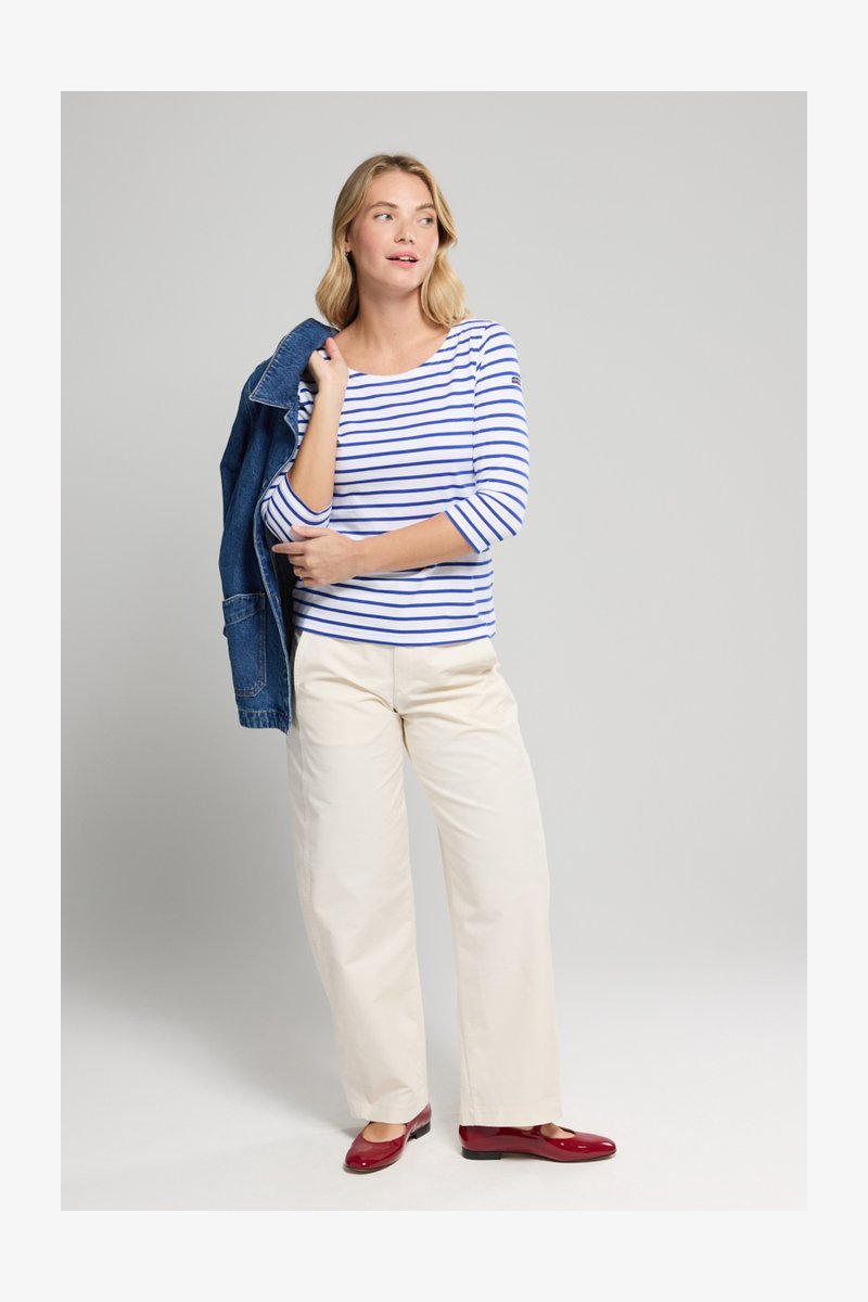 Marinière T-shirt Donna A Righe Blu Navy E Bianco - Maglia Manica Lunga In Cotone 100% - Girocollo, Jersey 150, Vestibilità Classica