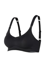 Czarny stanik ciążowy z regulowanymi ramiączkami i bezszwowymi miseczkami. Wykonany z miękkiego materiału o gładkim wykończeniu z subtelnym detalem logo.