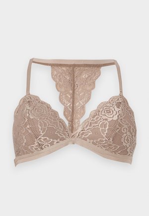 Béžová čipkovaná braletka s kvetinovými vzormi, trojuholníkovými košíčkami a dizajnom ramienok v tvare U na bielom pozadí.