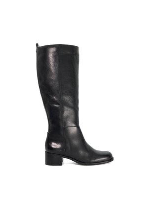 Botte en cuir noir haute jusqu'au genou avec un petit talon bloc et un bout arrondi, vue de profil sur fond blanc.