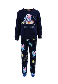 Navy blue fleece pajamas featuring a space-themed design. Top has a pig astronaut graphic; pants have playful planetary and rocket patterns.