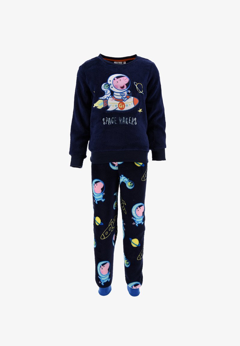 Navy blue fleece pajamas featuring a space-themed design. Top has a pig astronaut graphic; pants have playful planetary and rocket patterns.