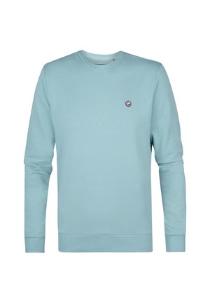 Helles blaues Sweatshirt aus weicher Stoffqualität. Verfügt über einen Rundhalsausschnitt, lange Ärmel und ein kleines Logo auf der Brust. Einfaches Design ohne Muster.