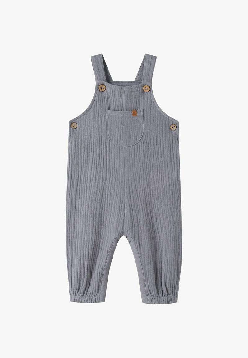 Combinaison grise pour bébé en tissu texturé, poche poitrine avant, bretelles boutonnées et poignets élastiques aux jambes.