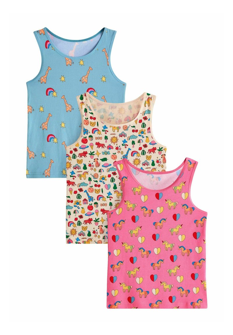 Trīs bērnu bezpiedurkņu krekli: gaiši zils ar žirafes un varavīksnes attēliem, krēmkrāsas ar dažādiem krāsainiem rakstiem, un rozā ar vienradžiem un sirdīm.