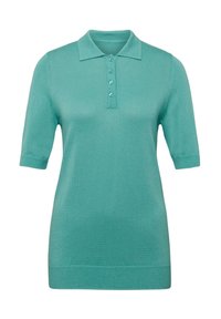Kurzarm-Poloshirt in Petrol, aus geripptem Stoff gefertigt. Verfügt über einen umgeschlagenen Kragen und eine Knopfleiste mit drei Knöpfen. Strukturierte Oberfläche.