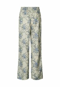 Pantalons larges à imprimé floral en tissu léger, présentant un fond vert pâle avec des motifs botaniques bleus et verts, et une taille élastique.