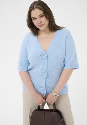 Cardigan tricotat albastru deschis cu guler în V adânc, mâneci scurte, trei nasturi cu accente florale și manșete striate. Completat de o geantă maro.