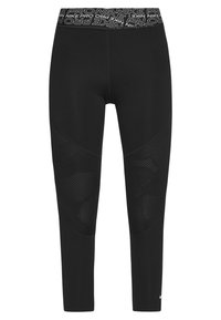 Czarne legginsy sportowe z siateczkowymi panelami na udach, szerokim paskiem Nike Pro oraz małym białym logo Nike na dolnej części nogi.
