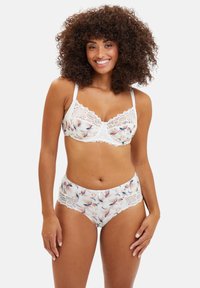 Soutien-gorge avec bordure en dentelle et culottes à taille haute blanches avec un doux imprimé floral dans des couleurs pastel. Comprend des bretelles réglables et un tissu texturé.