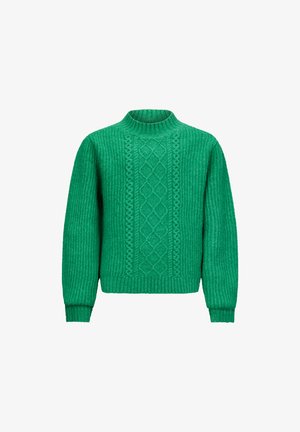 Groene kabelgebreide trui met geribde mouwen, boorden, zoom en hoge kraag op een witte achtergrond.