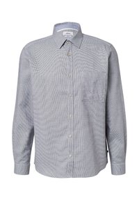 Blauw-witte geruite overhemd met lange mouwen, een button-down kraag, een borstzak en een afgeronde zoom; gemaakt van een gestructureerde stof.