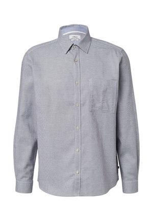 Modra in bela karirana srajca z dolgimi rokavi, s kragnim ovratnikom, sprednjim žepom in okroglim robom; izdelana iz teksturirane tkanine.