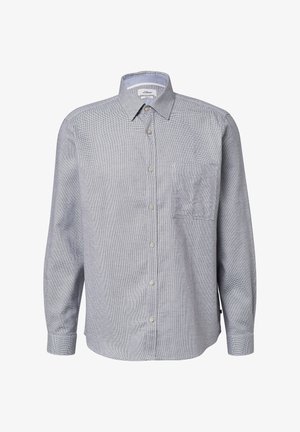 Langärmliges Hemd in Blau-Weißen Karos mit Button-Down-Kragen, Fronttasche und abgerundetem Saum; aus einem strukturierten Stoff gefertigt.