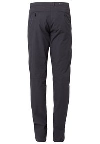 Tmavě šedé lehké kalhoty s hladkou texturou. Mají dvě zadní kapsy na knoflíky a rovný střih nohavic.