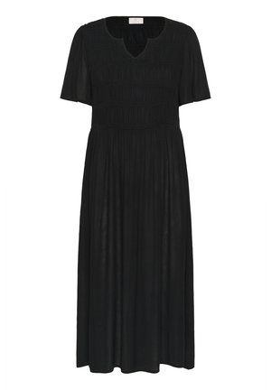 Vestito nero con maniche corte, scollo a V e tessuto arricciato in vita; presenta una silhouette lunga e fluida. Tessuto morbido.