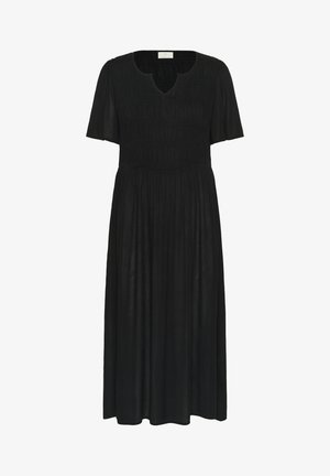 Black dress with short sleeves, V-neckline, and gathered texture at the waistline; features a long, flowing silhouette. Soft fabric.