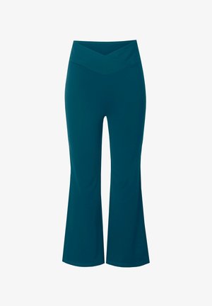 Teal flared pants with a wide waistband. Made from stretchy fabric, featuring a cross-over design at the waist and smooth texture.