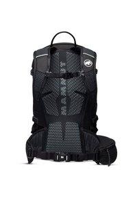 Schwarzer ergonomischer Rucksack mit Netzrücken, verstellbaren Gurten, Schnallen und einer Seitentasche zur Aufbewahrung. Die Muster zeigen ein sechseckiges Design.