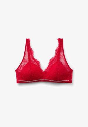 Rotes Spitzen-Bralette mit tiefem Ausschnitt, transparenten Seitenteilen, gezackten Rändern und einem mit Juwelen verzierten Saum für zusätzliche Details.
