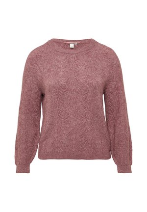 Minkštas megztinis iš kilpinio trikotažo purpurinėje rožinėje spalvoje su ilgomis, baliono tipo rankovėmis ir raukšlėta apykakle; struktūrinis raštas visame megztinyje suteikia vizualinio įdomumo.