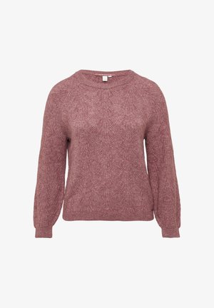 Boucle-gebreide trui in stoffig rozenkleur met lange, ballonmouwen en een ribbelhalslijn; het structuurpatroon door de gehele trui verhoogt de visuele belangstelling.