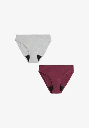 Deux paires de sous-vêtements pour femmes style slip en gris et rouge foncé, chacune avec une doublure intérieure noire visible aux ouvertures des jambes.