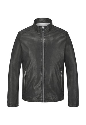 Schwarze Lederjacke mit Stehkragen, durchgehendem Reißverschluss vorne und Reißverschlusstaschen an den Seiten, dargestellt vor weißem Hintergrund.