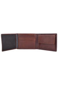 Portafoglio in pelle marrone con design a portafoglio pieghevole, dotato di svariati slot per carte, un compartimento per contanti e una tasca foderata per monete o banconote.