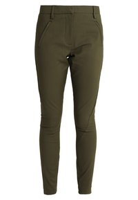 Olivgröna figursydda byxor i stretchmaterial, med två framfickor och en slät yta med en strömlinjeformad design.