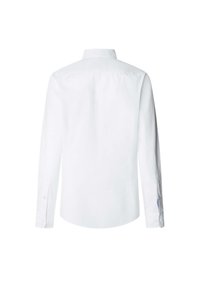 Camisa blanca de botones, de manga larga, con collar, dobladillo curvado, fabricada en algodón suave, presenta detalles de botones visibles en los puños, diseño limpio, sin patrones.