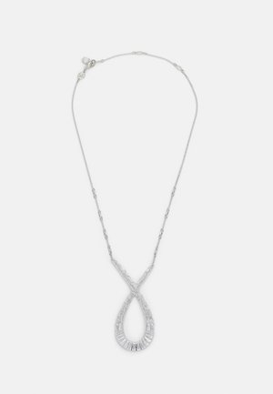 Silver necklace with an elongated, looped pendant featuring a textured design and rectangular accents, suspended from a delicate chain.