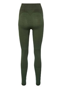 Olivgröna leggings med hög midja, texturerade paneler och sömlös design. Slät tyg med accentdetaljer på benen.