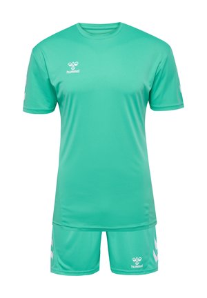 Green athletic jersey and shorts set, made of smooth fabric. Features white logo on chest and patterned white accents on shorts.