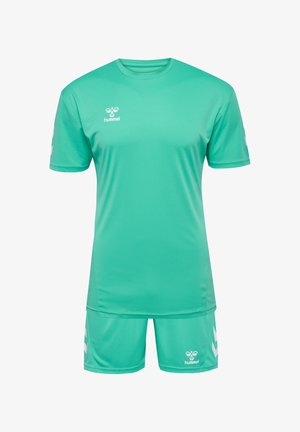 Completo sportivo verde composto da maglietta e pantaloni corti, realizzato in tessuto liscio. Presenta un logo bianco sul petto e accenti bianchi a fantasia sui pantaloni corti.