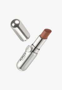KIKO Milano lipstick with a cylindrical silver metal case, featuring a rounded cap. The lip color is a matte muted peachy-brown.