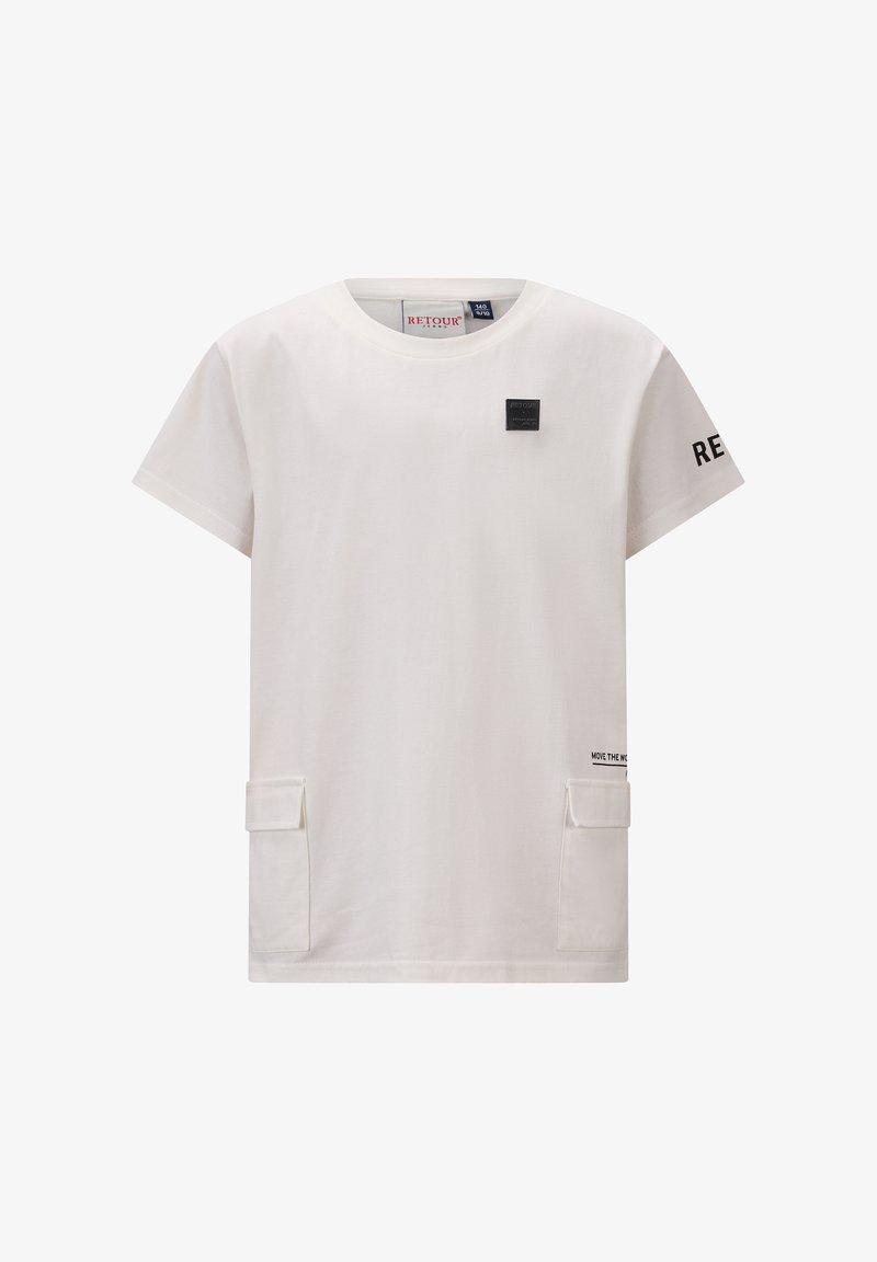 Biała bawełniana koszulka z krótkim rękawem, z czarną naszywką z logo, dwiema bocznymi kieszeniami i detalem tekstowym na dolnej części.