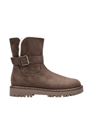 Brauner Veloursleder-Stiefel bis zur Mitte der Wade mit seitlicher Schnalle, weißem Fleecefutter und dicker Profilsohle für den Winter.