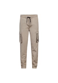 Beige cargo trousers met elastische tailleband en trekkoord. Beschikt over twee zijzakken met kleppen en elastische boorden bij de enkels. Zachte textuur.
