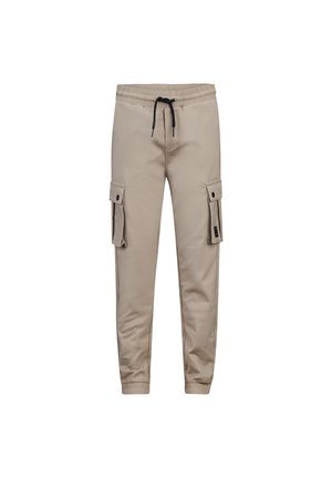 Beige Cargo-Hosen mit elastischem Bund und Kordelzug. Verfügt über zwei seitliche Taschen mit Klappen und elastischen Bündchen an den Knöcheln. Glatte Textur.